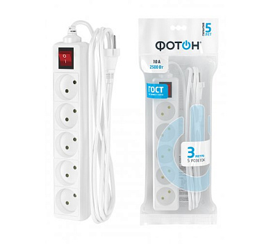 21118 удлинитель сетевой "фотон" 10-35s, 3м, 5 розеток, 10а, с выкл, белый