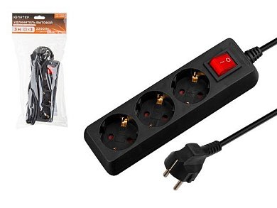 jp8104-21 удлинитель юпитер 3м 3 розетки 2,2квт с/з выкл. черный